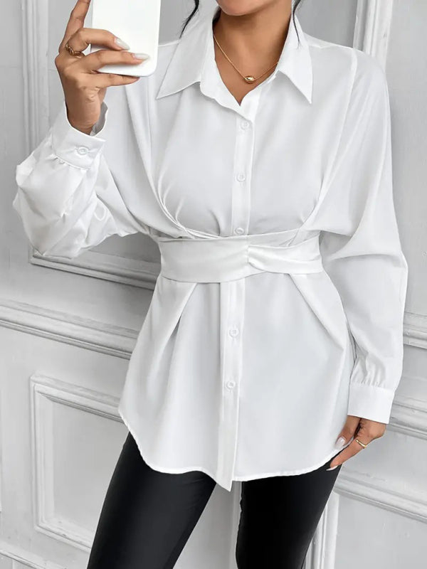 Casual Buttons Bow Tie Waist Slimming Shirts - Flossy Mom