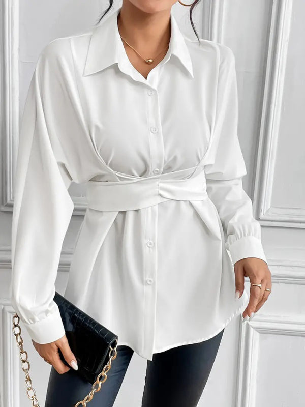 Casual Buttons Bow Tie Waist Slimming Shirts - Flossy Mom