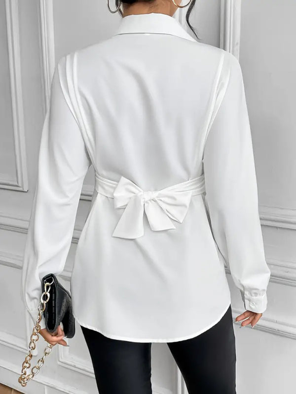 Casual Buttons Bow Tie Waist Slimming Shirts - Flossy Mom