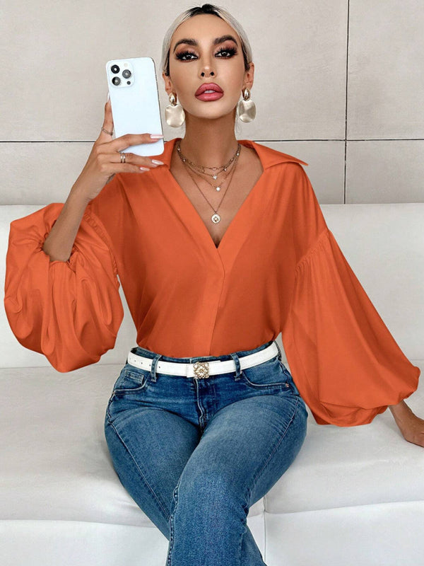 Office Lady Semi-open Long-Fitting Puff Shirts - Flossy Mom