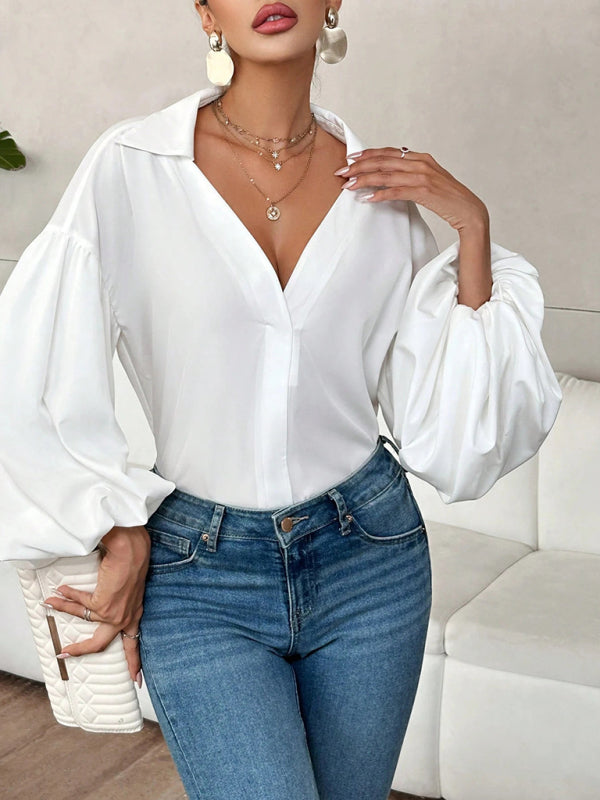 Office Lady Semi-open Long-Fitting Puff Shirts - Flossy Mom