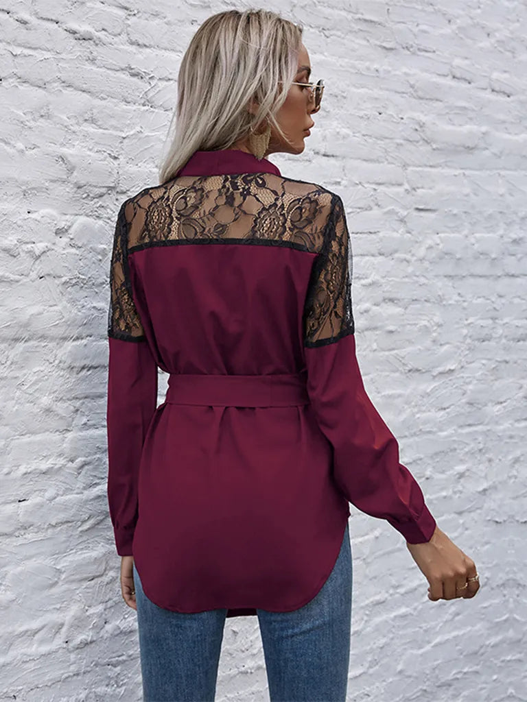 Office Lady Long Sleeves Waisted Patchwork Lace Shirts