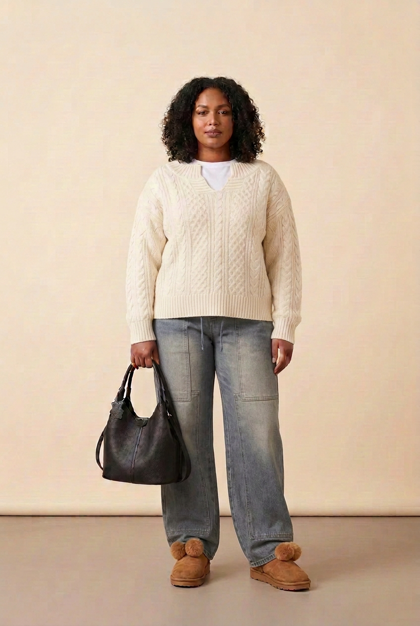 Outfit revision with sweater untucked and only the white T-shirt tucked in
