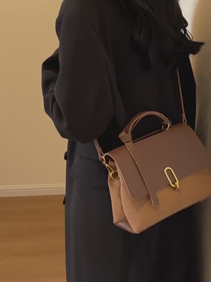 Designer 2 Tone Leather Suede Top Handle Crossbody Handbags