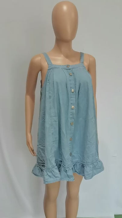 Spaghetti Straps  Loose Button Sweet Mini Denim Dresses