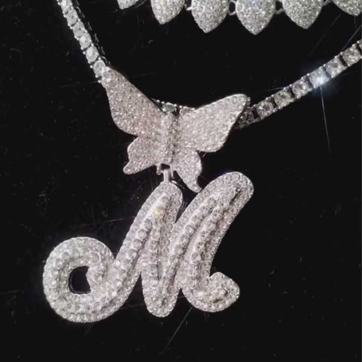 Womens AN Letter Hiphop Bling Iced Out Butterfly Initials Necklace 