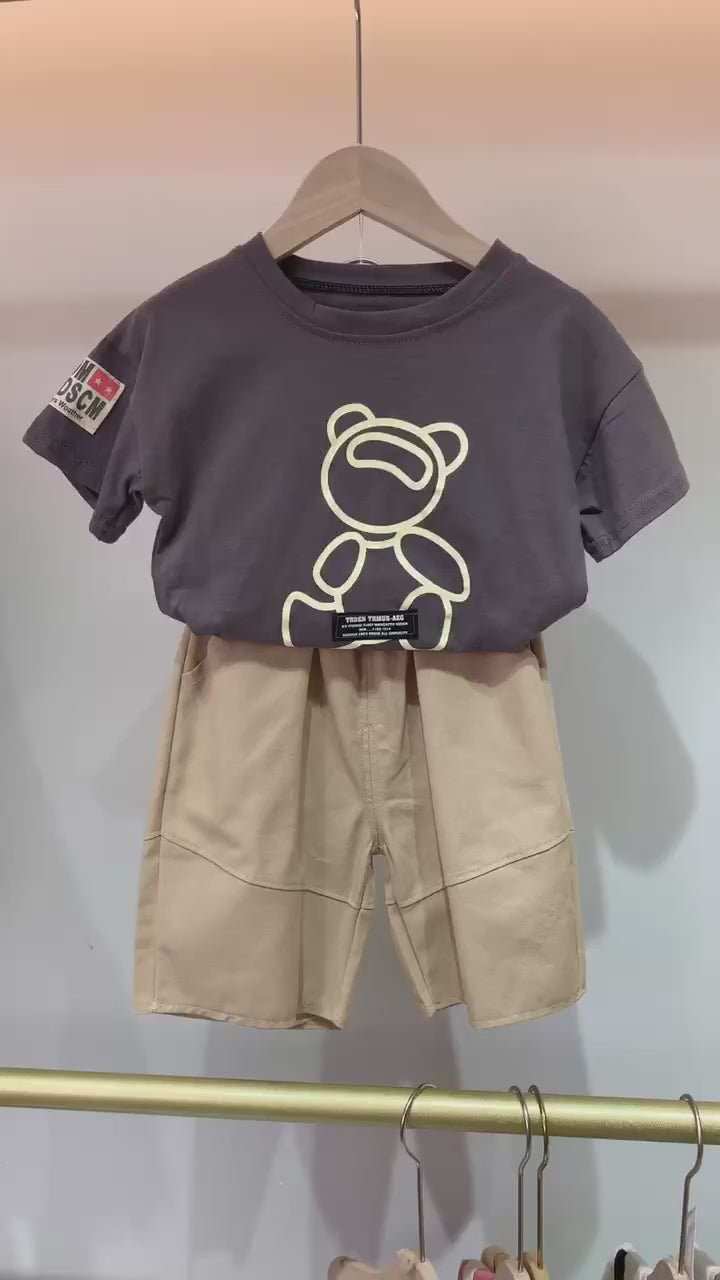 Baby Bear Motif Cotton Short Sleeve T-Shirt and Shorts Sets