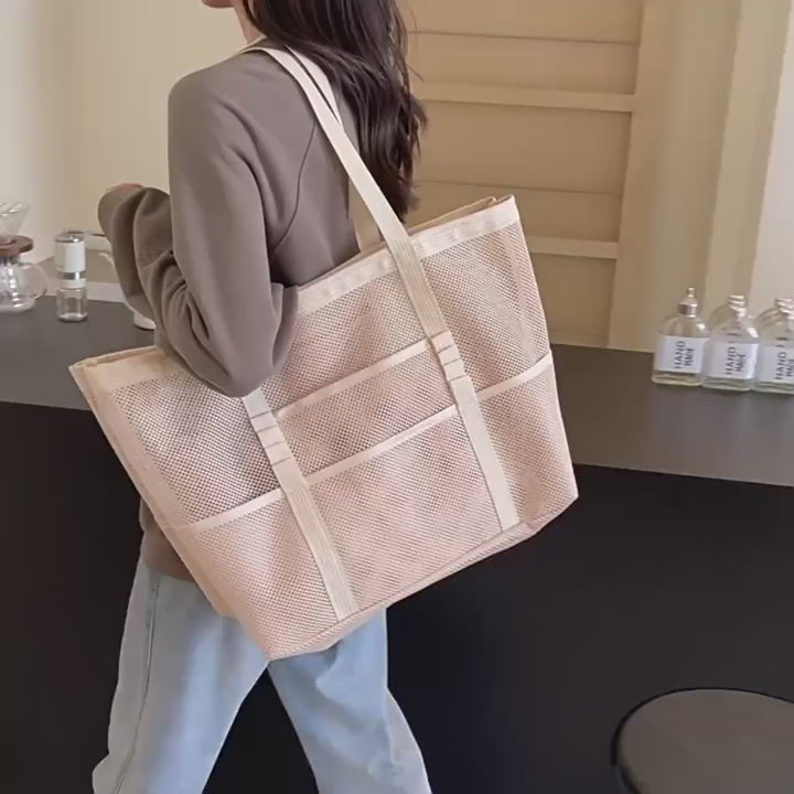 Sheer Mesh Foldable Large Capacity Open Top Casual Tote With Interior Zipper Pocket