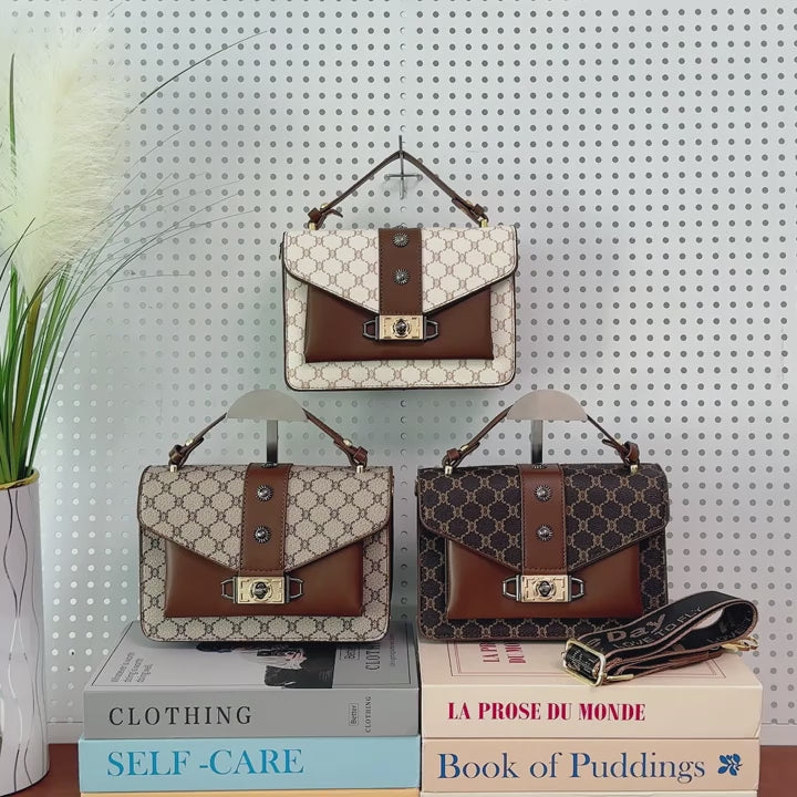 Straps Handle Lock Double Layer PU Leather Handbags