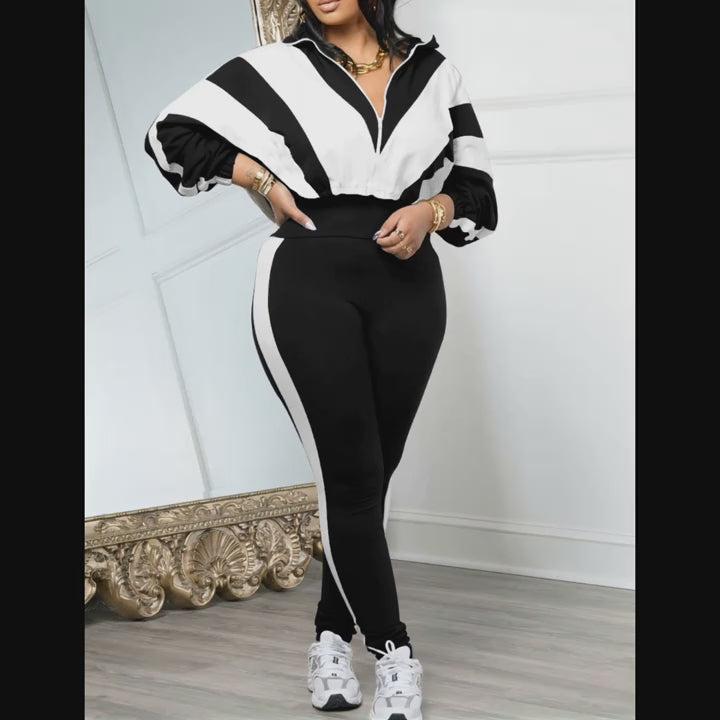 Color Block Crop Jacket & Bodycon Pants Tracksuits