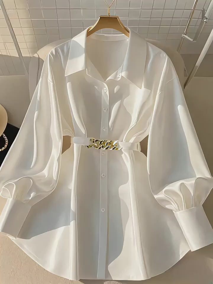 Dollish Long Sleeve Buttons Collar Office Shirts with Metallic Belt