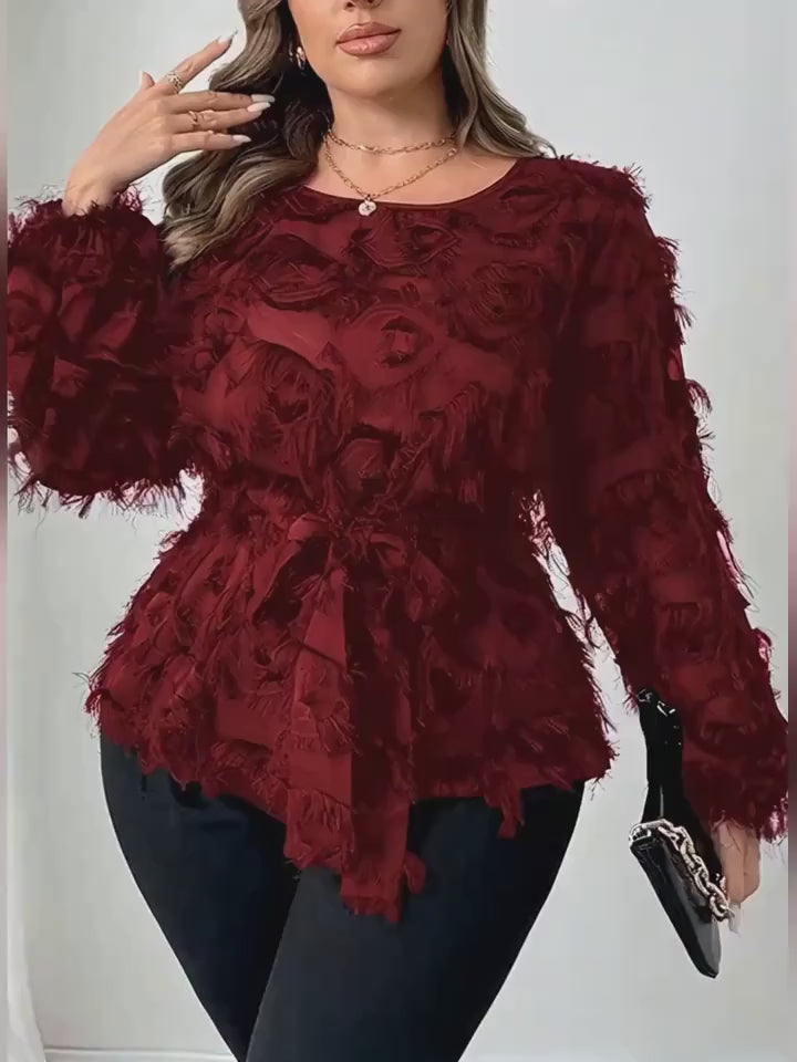 Boss-Lady Mesh Lace Belt Detail Plus Size Shirts