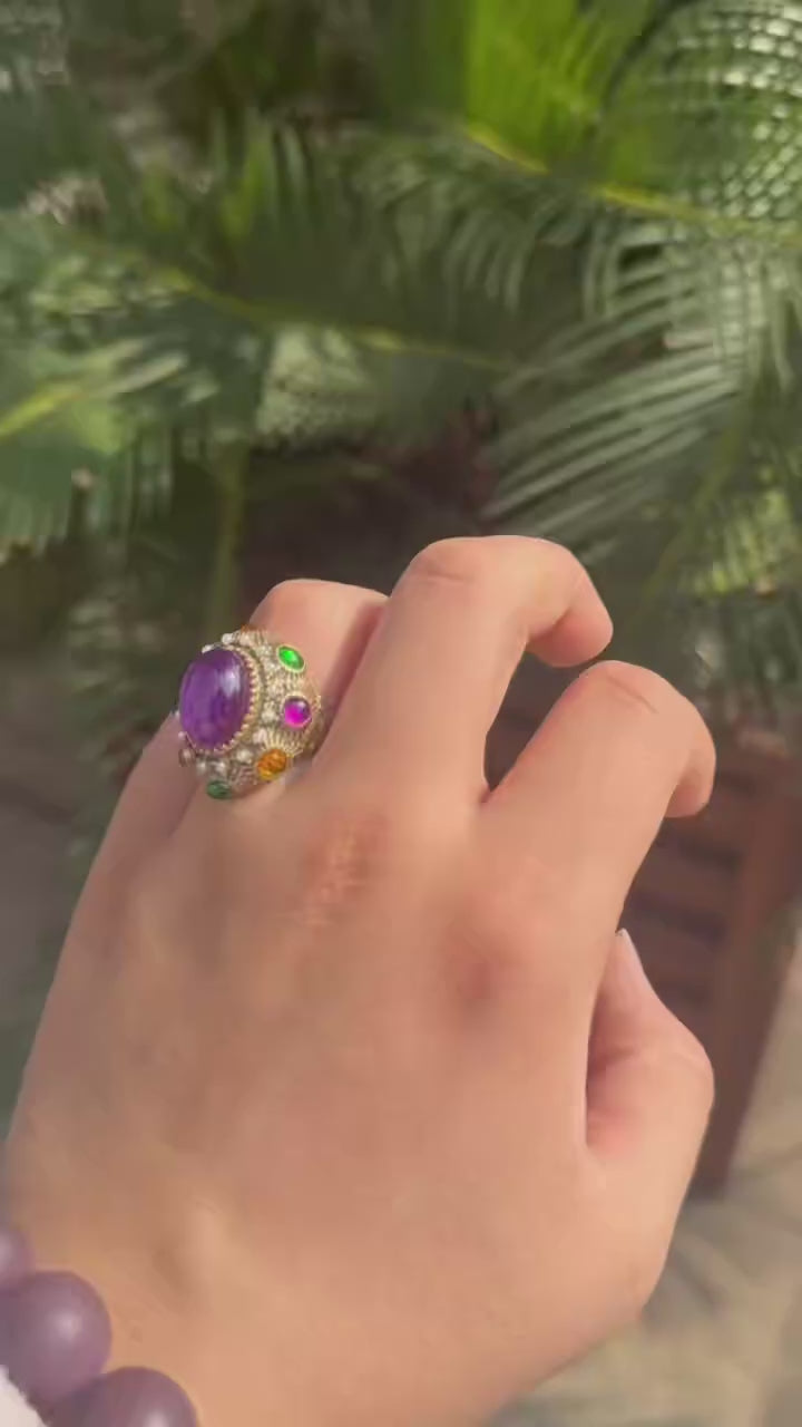 Women's Luxury Baroque Pearl Crystal Open Ring — Vintage Gold Purple Oval Statement Jewelry