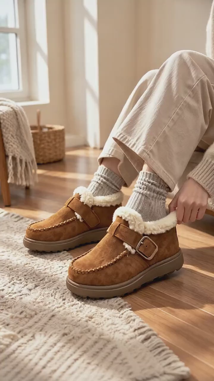 Video of a  person wearing dsuede slipper-style shoes with cream sherpa lining and a buckle strap.