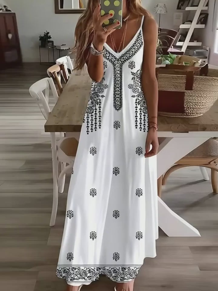 Women's Floral Print Summer Maxi Dress – V-Neck Spaghetti Strap Airy Beach Vacation Dresses