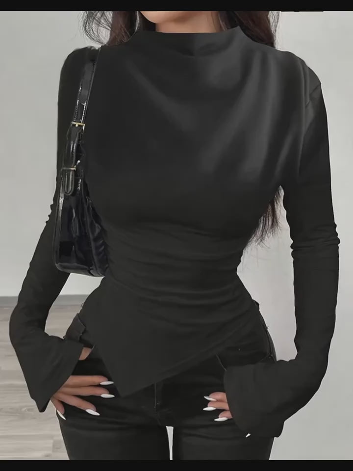 High Neck Wide Shoulder Asymmetrical Plus Size Black Shirts