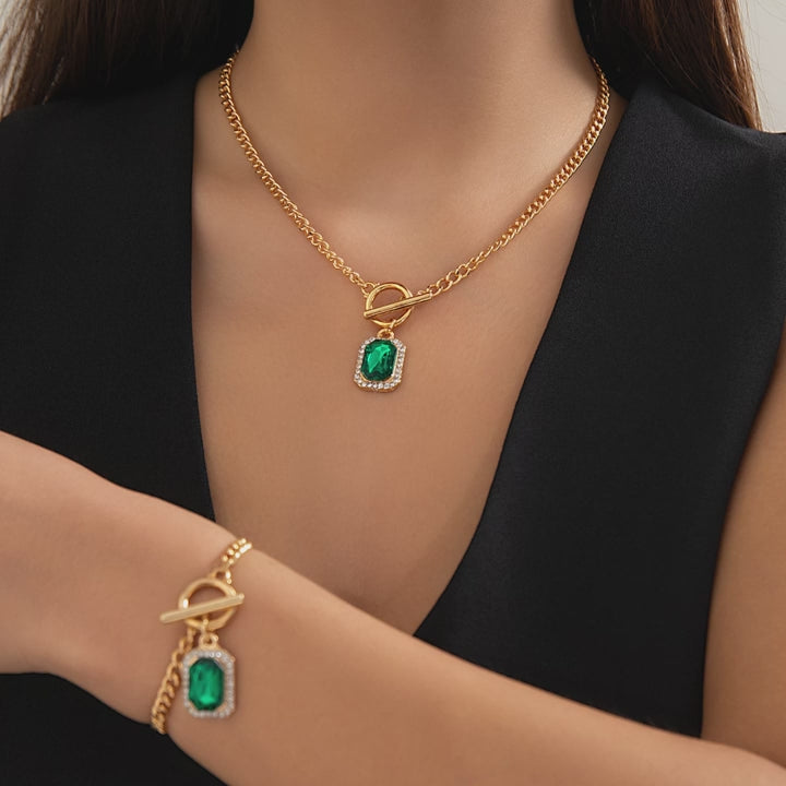 Square Green Crystal Pendant Bracelet With Necklace Set