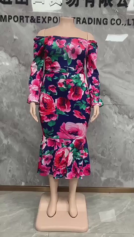 Stunning Rose Print Off Shoulder Long Bodycon Dresses