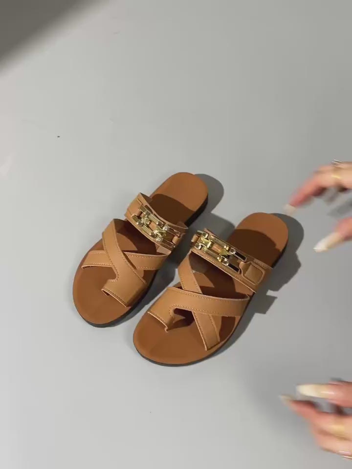 Women's Leather Sandals – Gold Chain Slip-On Flat Sandals