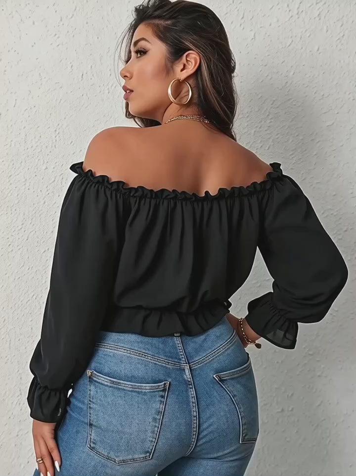 Women's Plus Size Black Ruffle Off-Shoulder Long Sleeve Crop Blouse