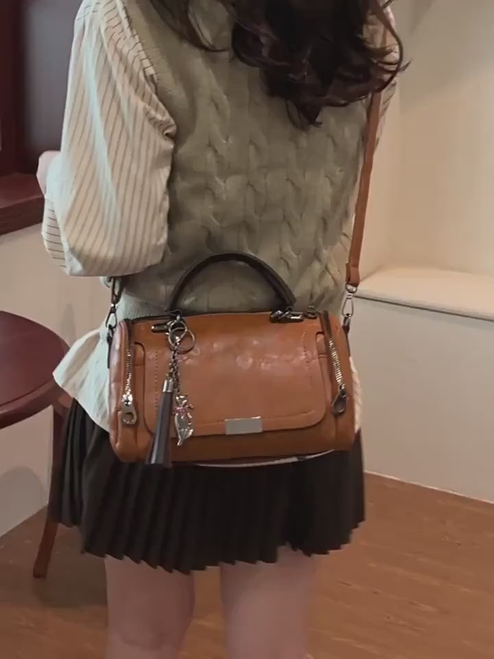 Classic PU Leather Boston Bags - Zipper & Keychain