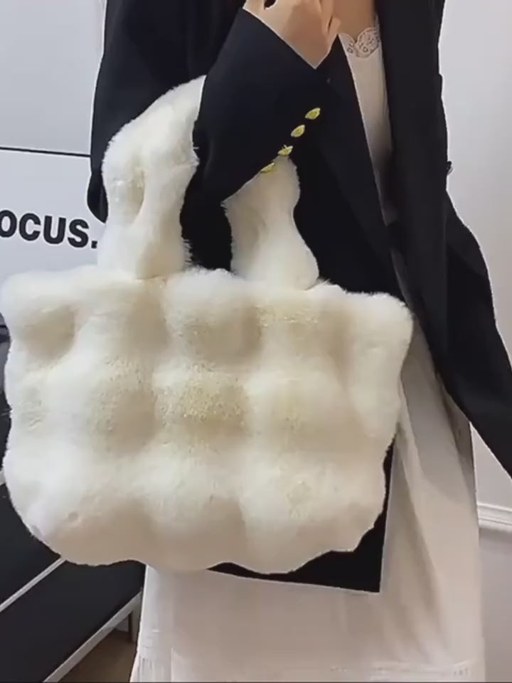 Large Golden-Tone Buttons Buckle Faux Fur Handbags