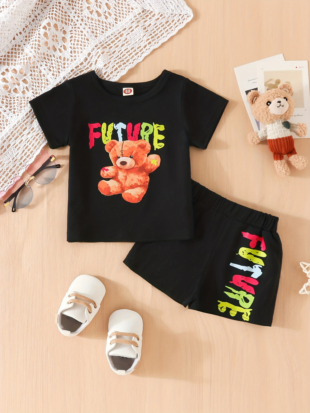 Baby Boys Cute Bear Motif Colorful "FUTURE" Print T-shirt and Shorts